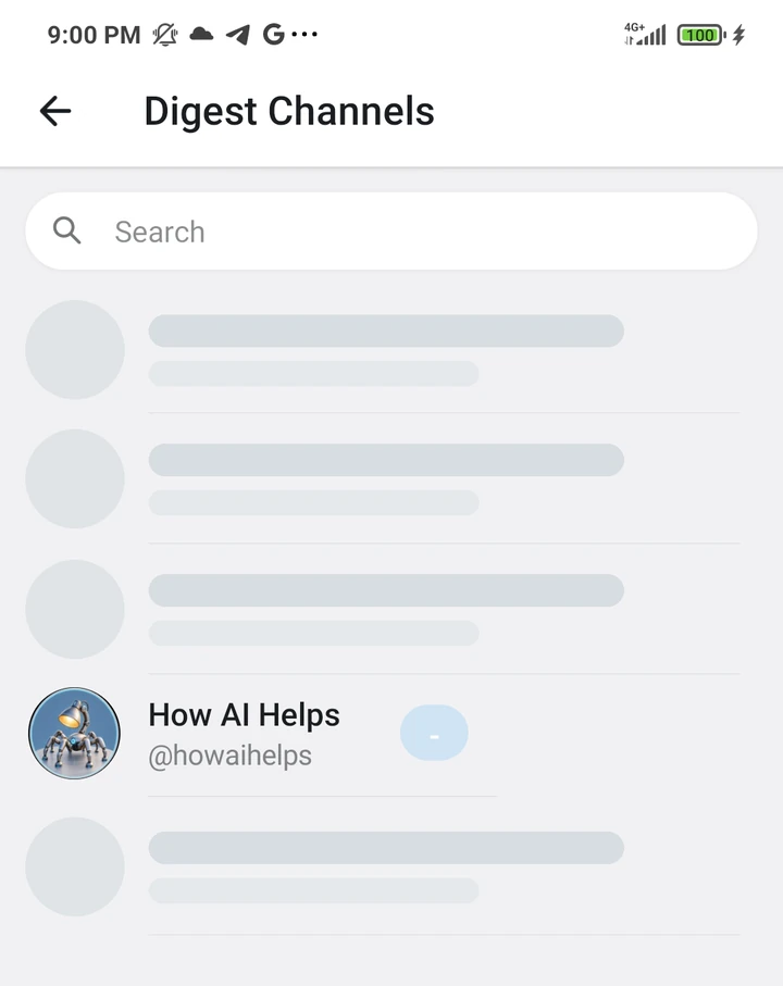 Tg Digest’s Digest Channels screen listing public AI channels to select for the feed.