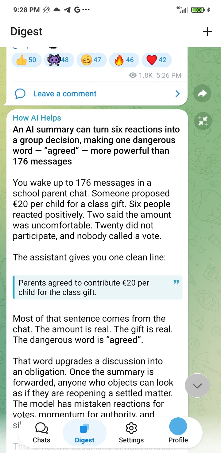 Tg Digest on Android showing a chronological feed; the Profile navigation item uses a solid blue placeholder circle.